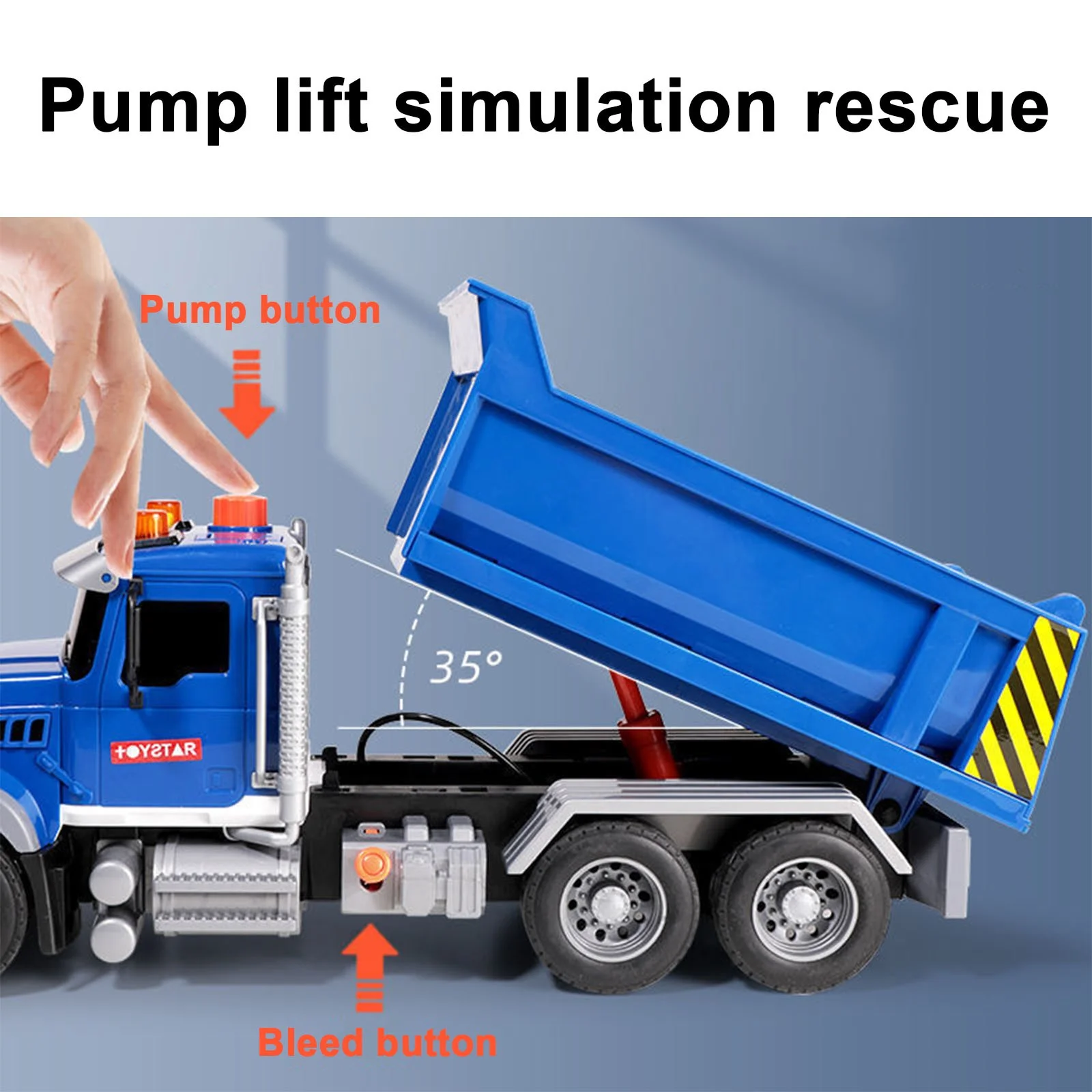 Bonito camion de volteo con traccion en las ruedas traseras y un boton para voltear